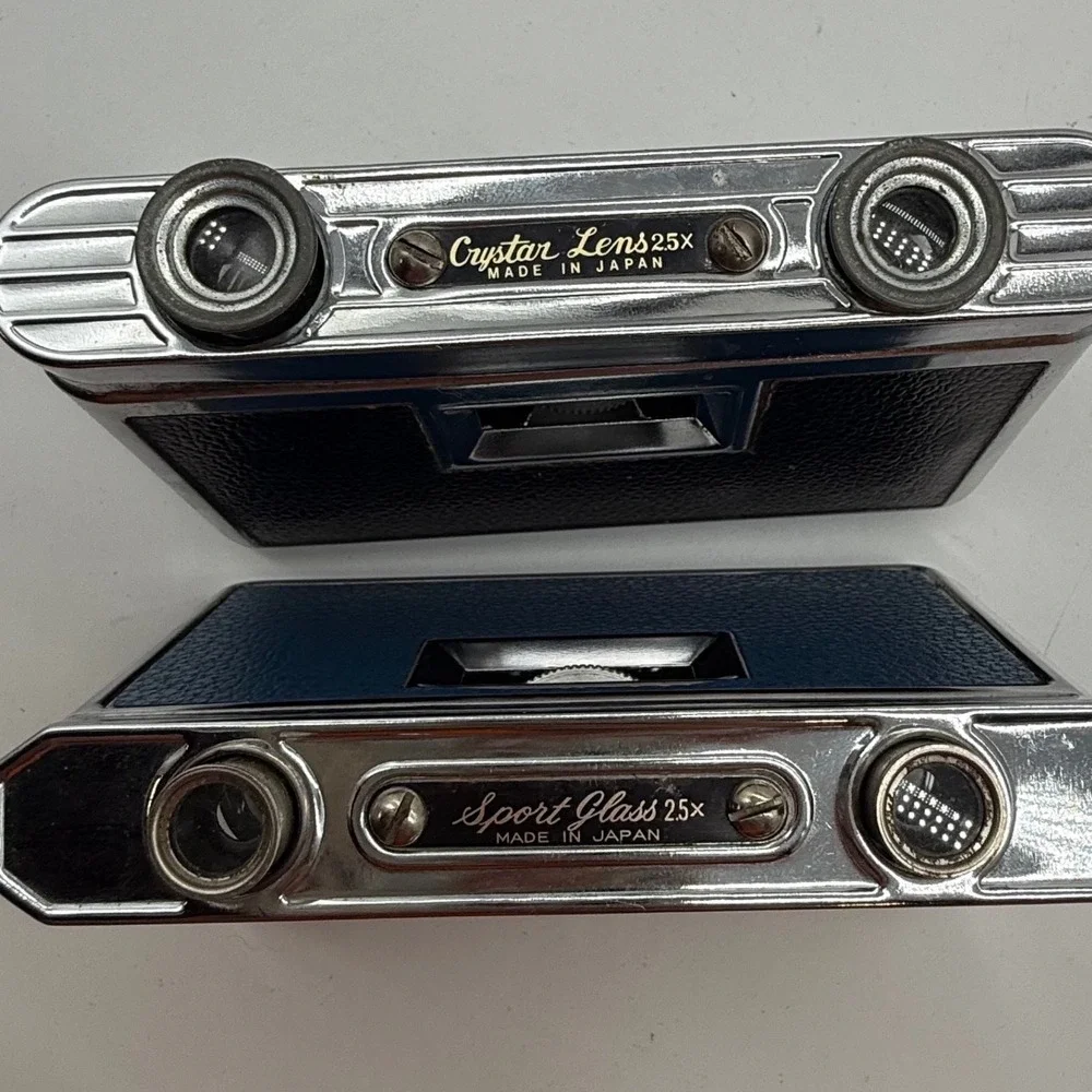 Vintage Kron and Deville Folding Opera Glasses Set Blue and Black Chrome Binocs